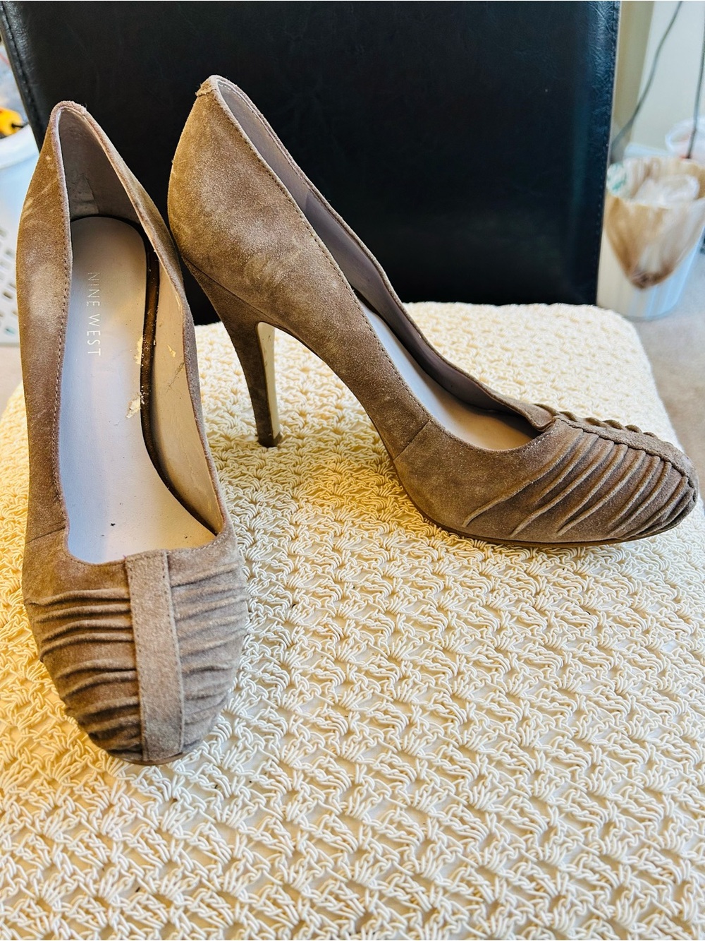 Nine West Taupe Suede Ruched Pointed Toe Pumps